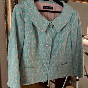 Albert Nipon Turquoise Lace Cropped Blazer